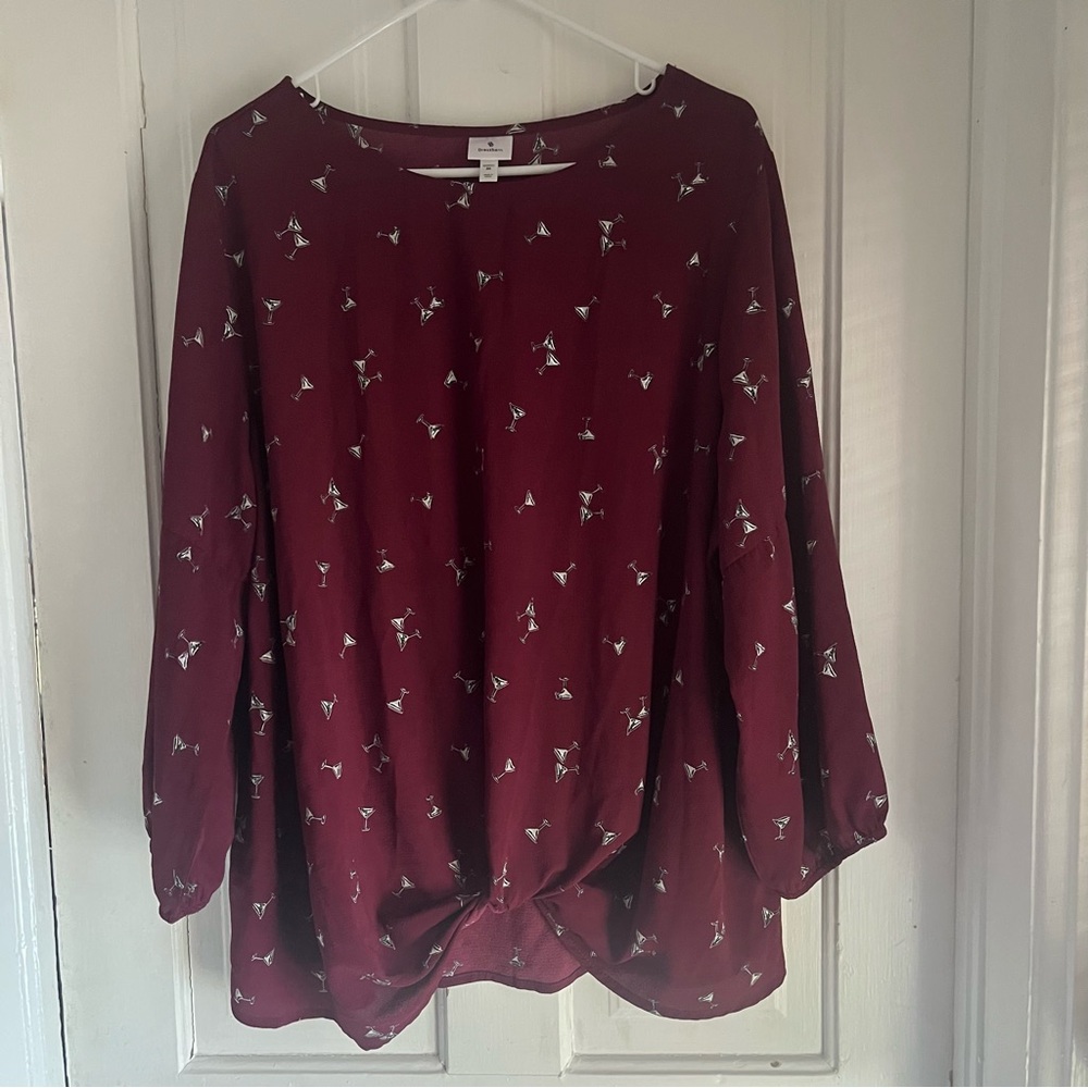 Dressbarn Women’s Long Sleeve Blouse Martini Print Burgundy Size 3X